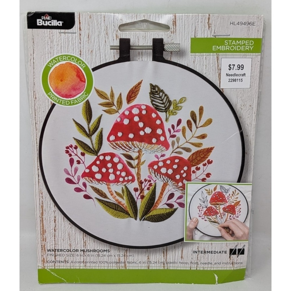 Bucilla Stamped Embroidery Kit Watercolor Mushrooms Nature‎ Sealed New MCM Craft